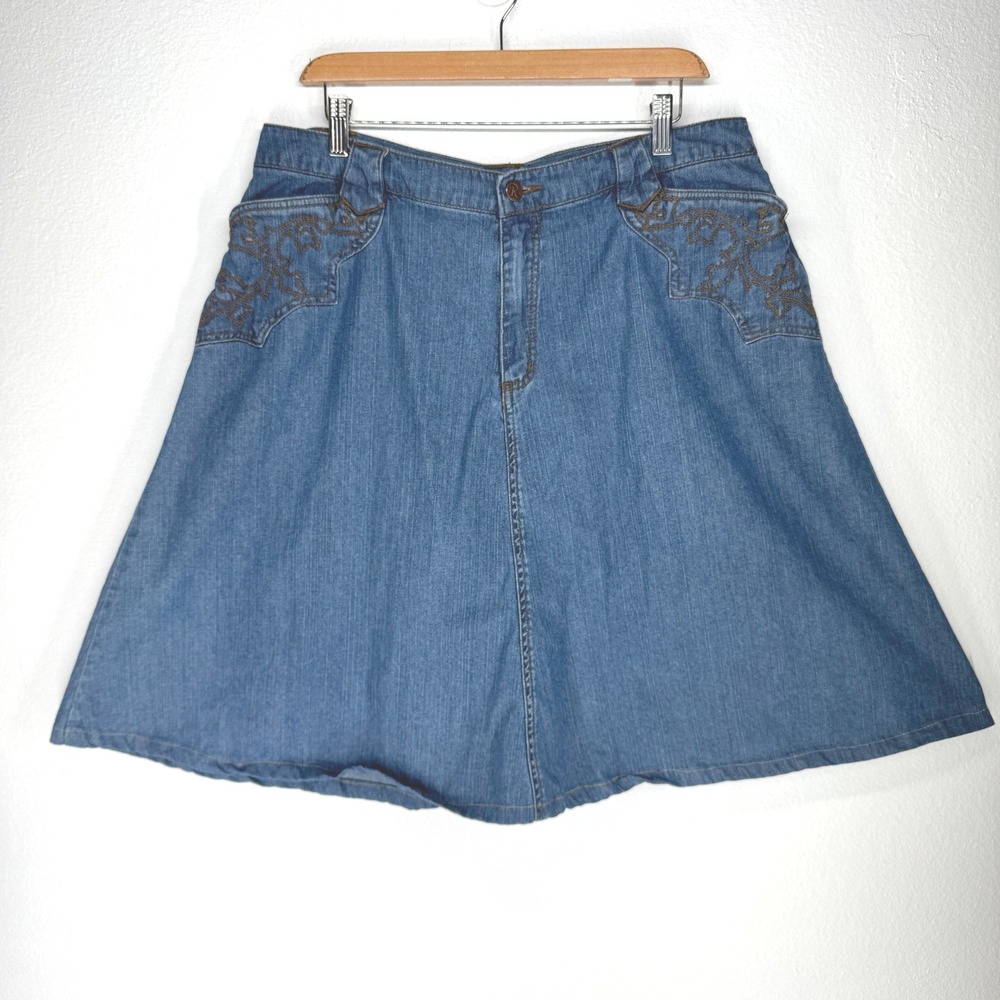 Vintage Denim Embroidered Western A-Line Skirt Plus Size 16 Country Cowgirl Boho